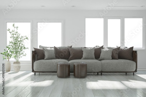 modern room with sofa, pillows, pouf and plants in flowerpots interior design. 3D illustration