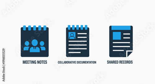 Digital Document Management Icons: Meeting Notes, Collaborative Records, and Shared Information for Teamwork and Workflow Efficiency, Modern Flat Design Vector Graphic