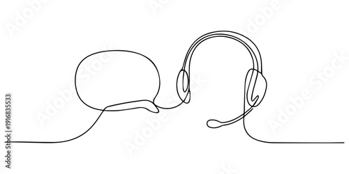Customer Support Chat Bubble with Headset continuous one line drawing, continuous line drawing headset and  bubble speech icon,  service representative with a headset and chat bubble icon Vector, pro.