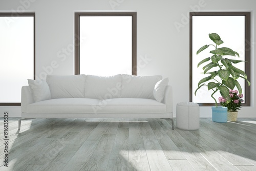 modern room with white sofa, pouf and plants in flowerpots interior design. 3D illustration