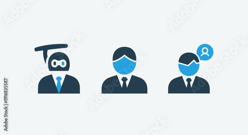 Digital Identity and User Anonymity Icons: Hacker Profile, Masked Professional, and Identity Crisis Representing User Data Security Issues