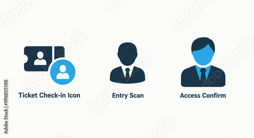 Event Access Control and Entry Management Icons: Ticket Check-in, Security Scan, and Access Confirmation for Visitor Validation