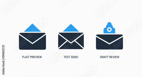 Email Marketing Workflow Icons: Flait Preview, Test Send, and Draft Review Stages in Flat Design for Communication