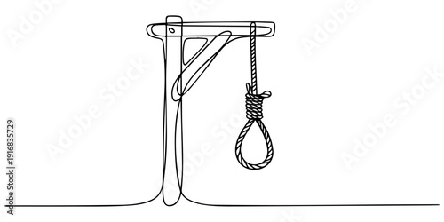 Gallows with Hanging Noose continuous one line drawing, Rope hanging loop. Flat monochrome design style. Illustration of rope noose with hangman s knot. Concept of suicide. Death penalty by hanging. 