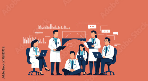 Diverse team of doctors and healthcare professionals in a meeting collaborating on patient cases using laptops and reviewing medical data charts.