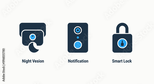 Smart Home Security System Icons: Night Vision Camera, Notification Device, and Digital Smart Lock for Modern Automation Technology.