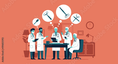 Group of experienced male surgeons and doctors in a hospital office discussing a complex surgical procedure plan.