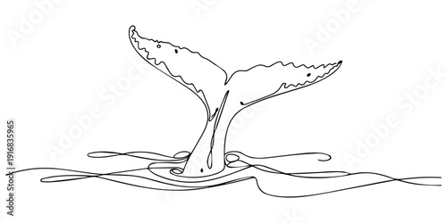 Humpback Whale Tail continuous one line drawing, Continuous line, Whale tail dripping with water. Drawing of set Animal. (Vector illustration one line drawing) Minimalist whale tail fluke drawing pro.