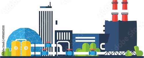 Modern power generation complex illustration depicts various industrial structures, machinery, and energy containment elements against a simple.