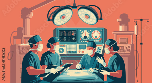A skilled surgical team works together in a modern, high-tech operating room, performing a complex medical procedure under the bright lights of advanced equipment.