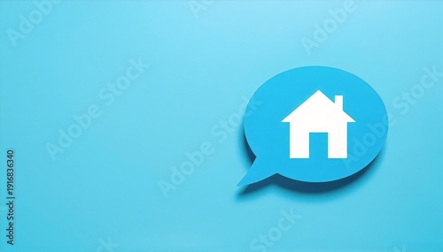a white speech bubble with a bold arrow pointing upward toward a simple house icon on a clean, minimal background