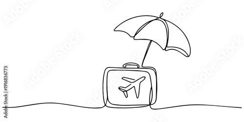 Suitcase with Airplane Symbol Under Umbrella continuous one line drawing, a suitcase and airplane under an umbrella, representing travel insurance against cancellations and delays. minimalist.
