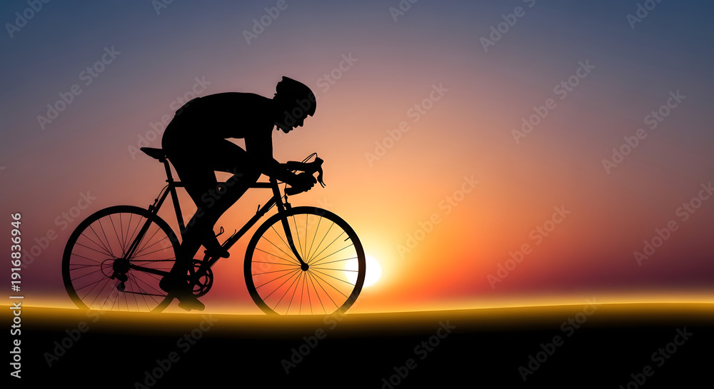 Obraz premium Silhouette of a cyclist riding a road bike during a vibrant orange sunset, athletic male cyclist training at golden hour, minimalist sports illustration generated-AI.