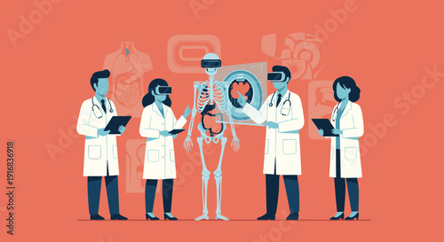 Medical team uses virtual reality headsets to interact with a 3D holographic model of a human skeleton and internal organs.