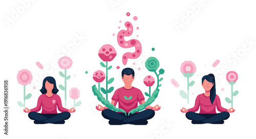 Man and women meditate in the lotus position surrounded by growing flowers, symbolizing mindfulness, peace, and mental growth.