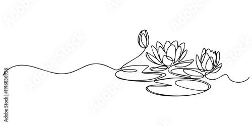 Water Lily Flowers and Bud on Pads continuous one line drawing, Elegant line art illustration of blooming lotus flowers and buds in a tranquil pond with lily pads, Elegant black and white line art pro