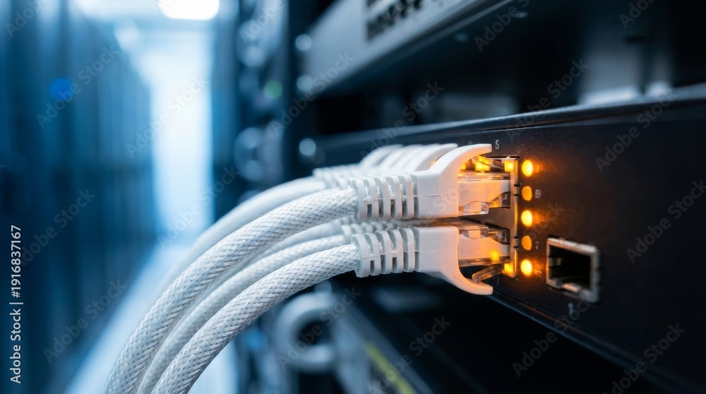 Fototapeta premium Close Up of Network Ethernet Cables Connected to Server Switch with Lights Represents Data Center, Internet Connection, and IT Infrastructure