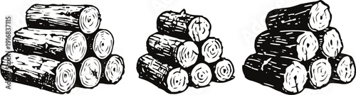 wood logs stacked in piles natural timber rounds with bark, firewood preparation and storage