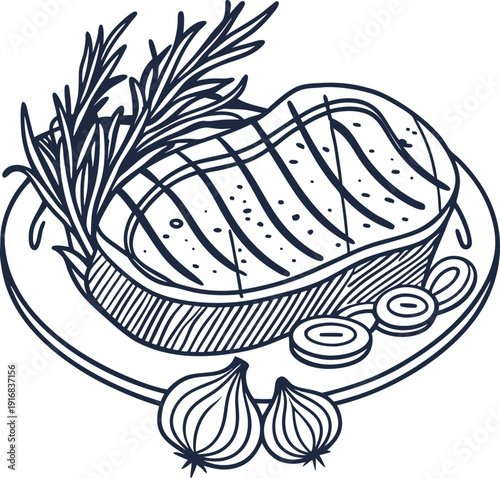 Grilled steak on plate with rosemary and onions illustration, fresh meat serving, barbecue meal concept