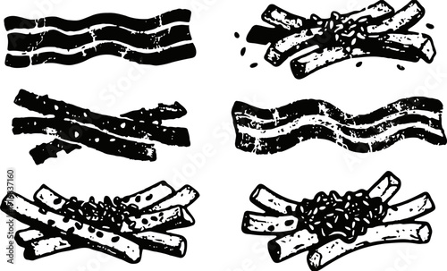 Six variations of bacon strips illustration with seasoning details, black vintage drawing