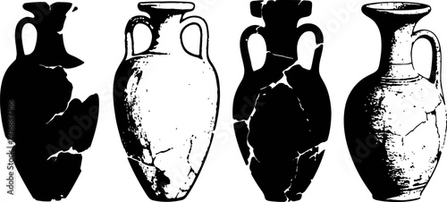 ancient broken and restored clay amphora vases silhouette collection