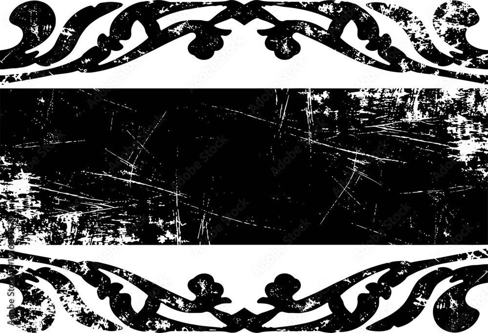 Obraz premium Vintage grunge black banner with ornamental floral frame and distressed texture background