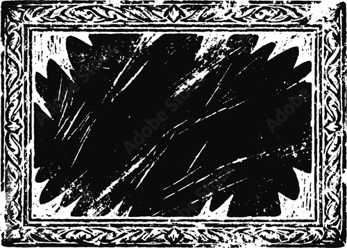 Vintage ornate rectangular frame with floral and leaf decorative patterns in black and white design