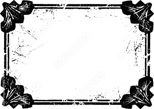 Grunge vintage rectangular frame with distressed edges and decorative leaf corners in black ink