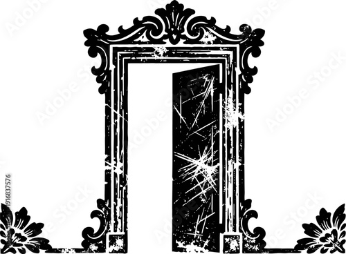 Vintage ornate door frame with an open door and decorative floral elements, grunge design