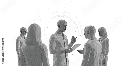 Futuristic business professionals in a low-poly style collaborate on a project using a digital tablet against a white background with a tech interface.