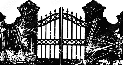 grunge wrought iron gate with stone pillars and distressed texture