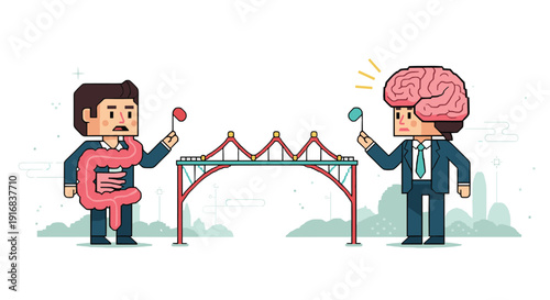 Pixel art illustration of two businessmen representing the gut-brain axis, communicating across a bridge to symbolize the connection between digestive health and mental well-being.