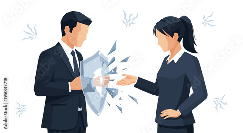 Businessman holding a transparent shield that shatters as a businesswoman extends her hand, symbolizing breaking down barriers, failed defense, or vulnerability in a corporate setting.