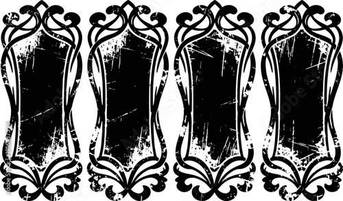 Set of four vintage ornate black grunge frames with decorative elements on white background
