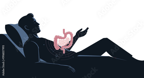 A minimalist silhouette of a man resting shows an illustrated stomach and intestines, symbolizing inner digestive health, wellness, and gut feelings.