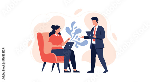 Professional man in a suit communicates with a woman sitting in a chair with her laptop during a business meeting.