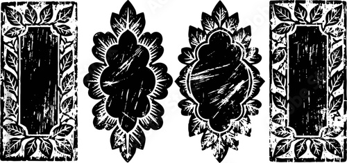vintage ornamental frame design set with distressed texture and floral leaf patterns