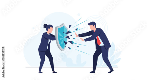 Businesswoman's shield shatters as a businessman pushes against it, symbolizing a breach in defense or conflict.