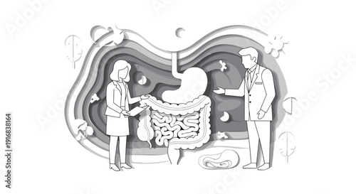 Two medical professionals discuss the human digestive system in a unique black and white paper cut-out illustration.