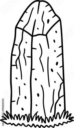 Standing stone monolith with weathered surface and grass base outline drawing