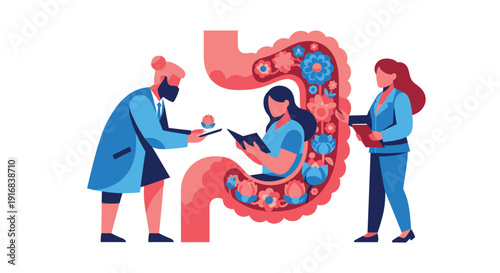 Medical professionals study the floral microbiome within a large stomach illustration, symbolizing gut health and its connection to well-being.