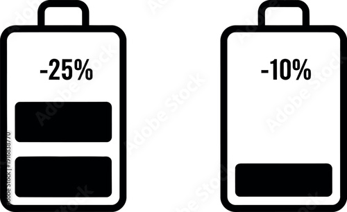 Two battery icons showing different levels of charge remaining at twenty-five and ten percent