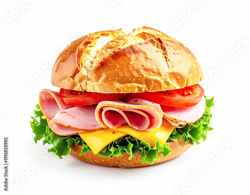 Bologna and cheese sandwich, kaiser roll, lettuce and tomato, white background. AI