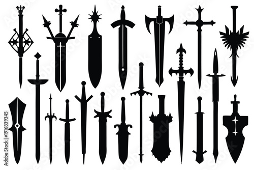 set of sword silhouette line art vector illustration with a white background