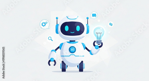 Cute robot character holding lightbulb with glowing blue eyes and symbols around head on white background