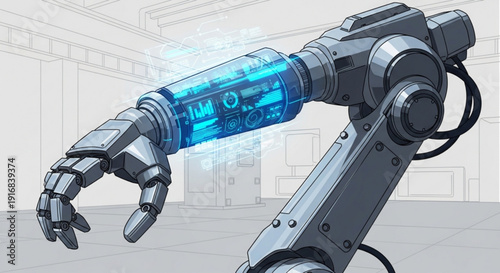 Robotic arm with glowing blue circuitry extends forward in a futuristic industrial setting with metallic gray components