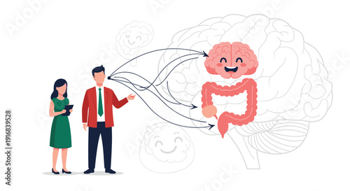 Professionals present the gut-brain axis concept, with communication pathways connecting a happy cartoon brain and a healthy intestine inside a large brain.