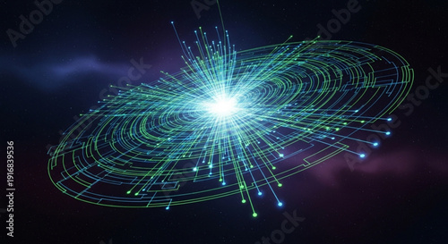 Glowing blue and green neon light trails swirl around a bright central point in a dark space with a purple haze creating a mesmerizing abstract visual effect