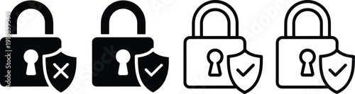 Cybersecurity vector illustration of padlock icons with shield symbols showing secure access, data protection, privacy, and digital safety concepts