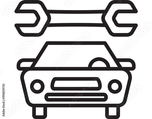 Car service icon showing front view automobile with wrench tool above, symbol for maintenance, repair shop, diagnostics, mechanic, inspection, and auto care
